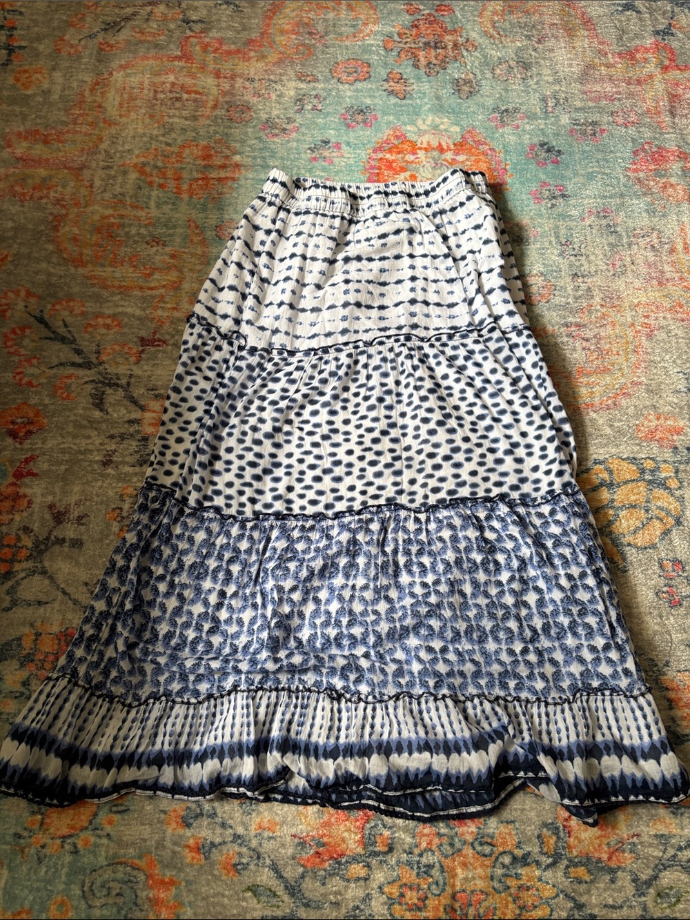 new direction Navy and White Boho Tiered Maxi Skirt